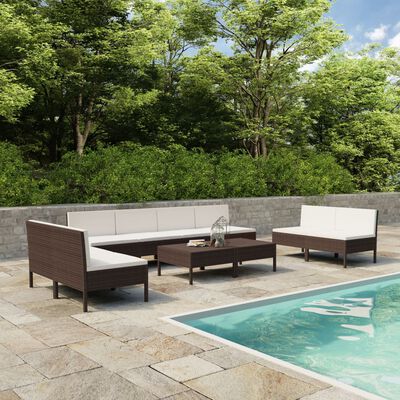 vidaXL 10 Piece Patio Lounge Set with Cushions Poly Rattan Brown