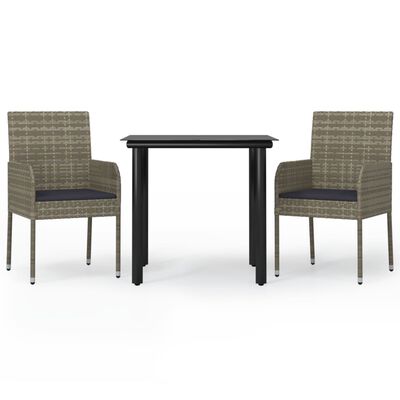 vidaXL 3 Piece Patio Dining Set with Cushions Black and Gray Poly Rattan