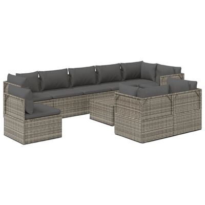 vidaXL 10 Piece Patio Lounge Set with Cushions Gray Poly Rattan