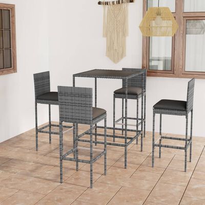 vidaXL 5 Piece Patio Bar Set with Cushions Poly Rattan Gray