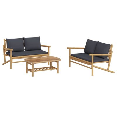 vidaXL 3 Piece Patio Lounge Set with Dark Gray Cushions Bamboo