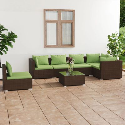 vidaXL 7 Piece Patio Lounge Set with Cushions Poly Rattan Brown