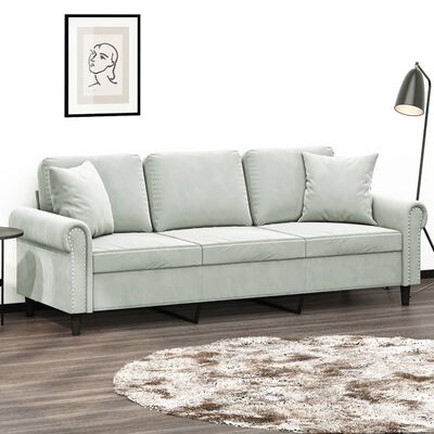 vidaXL 3-Seater Sofa with Throw Pillows Light Gray 70.9" Velvet