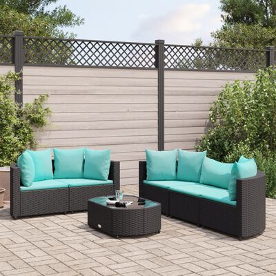 vidaXL 6 Piece Patio Sofa Set with Cushions Black Poly Rattan