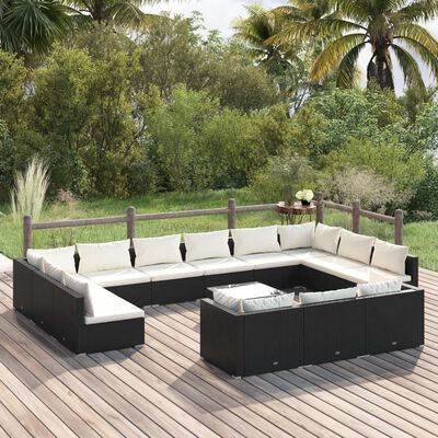 vidaXL 14 Piece Patio Lounge Set with Cushions Black Poly Rattan