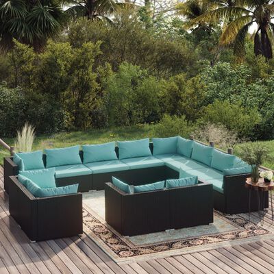 vidaXL 12 Piece Patio Lounge Set with Cushions Black Poly Rattan