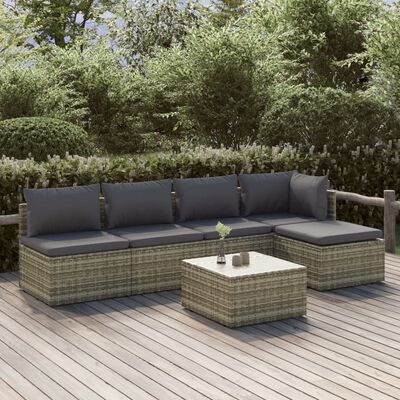 vidaXL 6 Piece Patio Lounge Set with Cushions Gray Poly Rattan