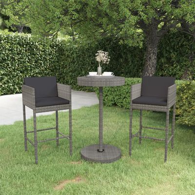 vidaXL 3 Piece Patio Bar Set with Cushions Poly Rattan Gray