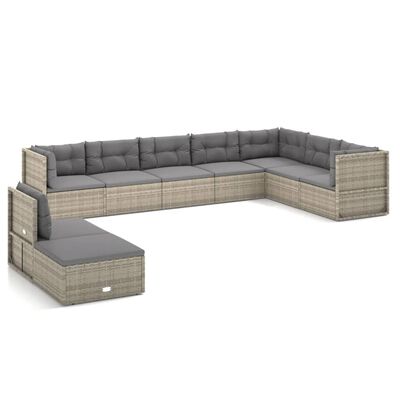 vidaXL 9 Piece Patio Lounge Set with Cushions Gray Poly Rattan