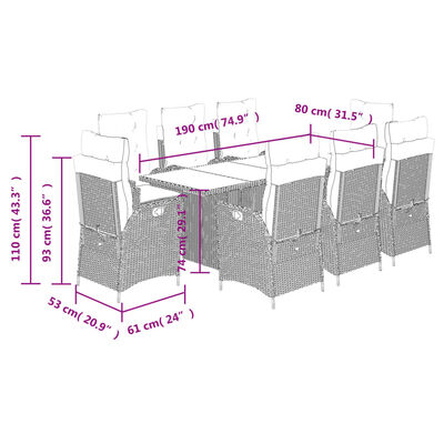 vidaXL 9 Piece Patio Dining Set with Cushions Gray Poly Rattan