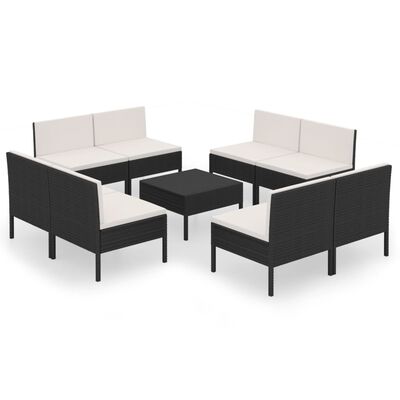 vidaXL 9 Piece Patio Lounge Set with Cushions Poly Rattan Black