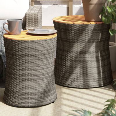 vidaXL Patio Side Tables 2 pcs with Wooden Top Gray Poly Rattan