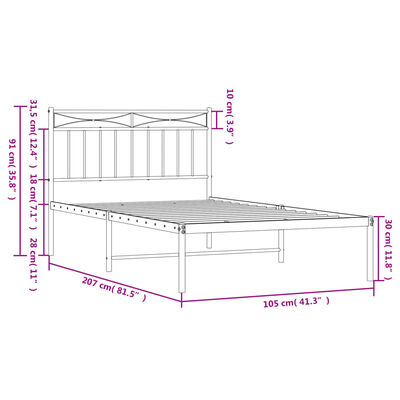 vidaXL Metal Bed Frame without Mattress with Headboard White 39.4"x78.7"