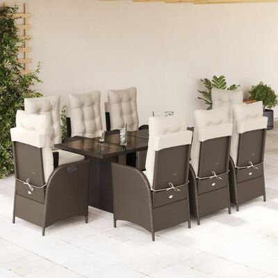 vidaXL 9 Piece Patio Dining Set with Cushions Brown Poly Rattan