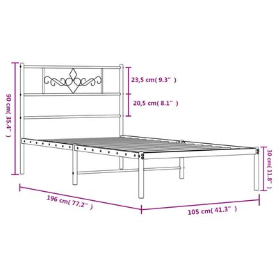 vidaXL Metal Bed Frame without Mattress with Headboard White 39.4"x74.8"