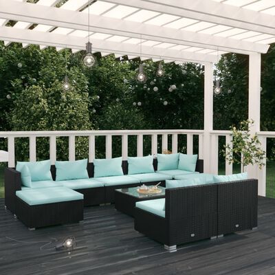 vidaXL 10 Piece Patio Lounge Set with Cushions Black Poly Rattan