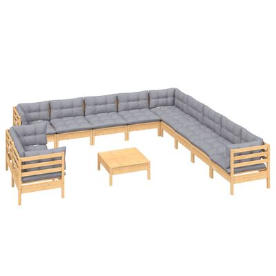 vidaXL 12 Piece Patio Lounge Set with Gray Cushions Solid Pinewood