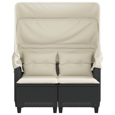 vidaXL Patio Sofa 2-Seater with Canopy and Stools Black Poly Rattan