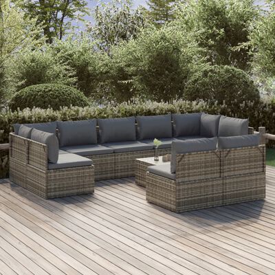 vidaXL 10 Piece Patio Lounge Set with Cushions Gray Poly Rattan