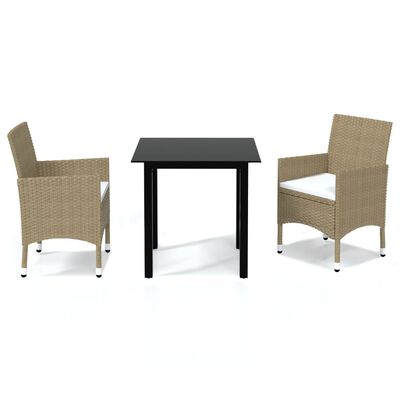 vidaXL 3 Piece Patio Dining Set with Cushions Poly Rattan Beige