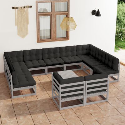 vidaXL 12 Piece Patio Lounge Set with Cushions Gray Solid Pinewood