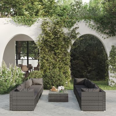 vidaXL 9 Piece Patio Lounge Set with Cushions Poly Rattan Gray