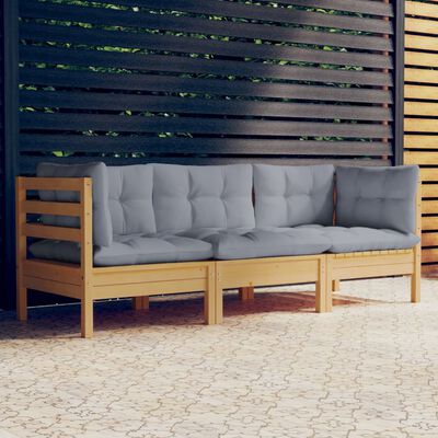 vidaXL 3-Seater Patio Sofa with Gray Cushions Solid Pinewood