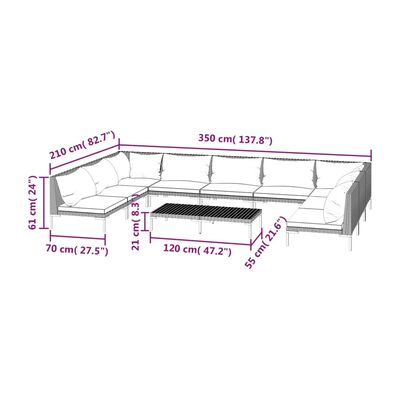 vidaXL 10 Piece Patio Lounge Set with Cushions Poly Rattan Dark Gray