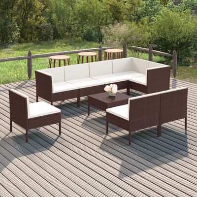 vidaXL 9 Piece Patio Lounge Set with Cushions Poly Rattan Brown