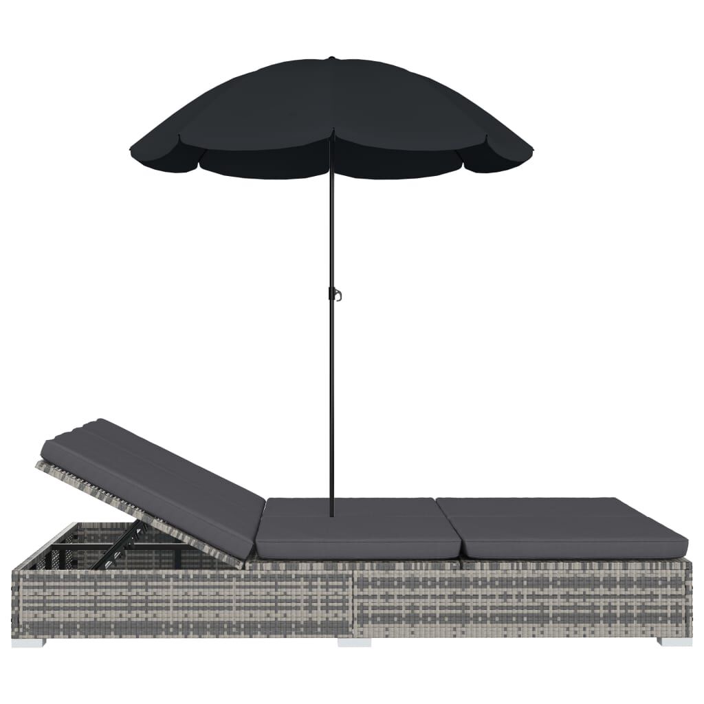 vidaXL Patio Lounge Bed with Umbrella Poly Rattan Gray | vidaXL.com