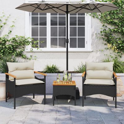 vidaXL 3 Piece Patio Sofa Set with Cushions Black Poly Rattan