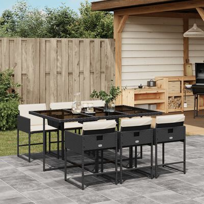 vidaXL 7 Piece Patio Dining Set with Cushions Black Poly Rattan