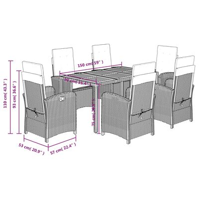 vidaXL 7 Piece Patio Dining Set with Cushions Gray Poly Rattan