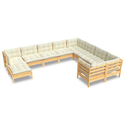 vidaXL 10 Piece Patio Lounge Set with Cream Cushions Pinewood