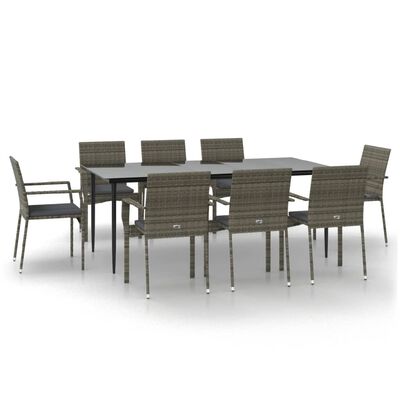 vidaXL 9 Piece Patio Dining Set with Cushions Black and Gray Poly Rattan