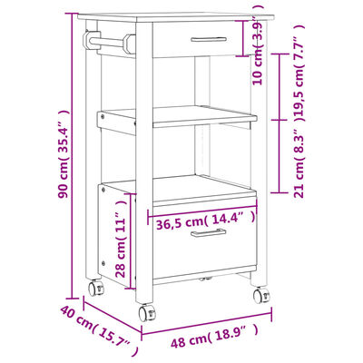 vidaXL Kitchen Trolley MONZA 18.9"x15.7"x35.4" Solid Wood Pine