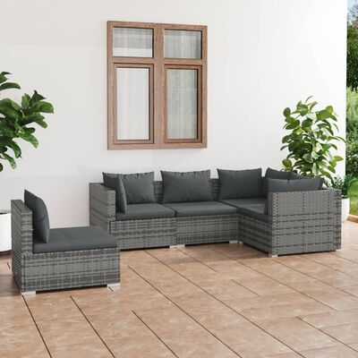 vidaXL 5 Piece Patio Lounge Set with Cushions Poly Rattan Gray