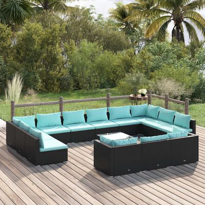 vidaXL 14 Piece Patio Lounge Set with Cushions Black Poly Rattan