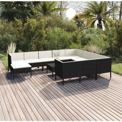 vidaXL 12 Piece Patio Lounge Set with Cushions Poly Rattan Black