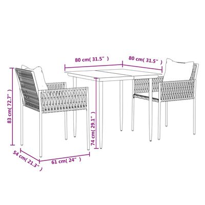 vidaXL 3 Piece Patio Dining Set with Cushions Poly Rattan and Steel