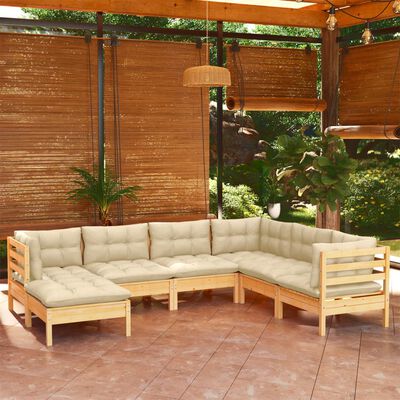 vidaXL 7 Piece Patio Lounge Set with Cream Cushions Solid Pinewood