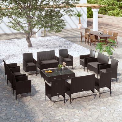 vidaXL 16 Piece Patio Lounge Set with Cushions Poly Rattan Black