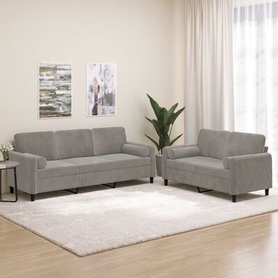 vidaXL 2 Piece Sofa Set with Throw Pillows&Cushions Light Gray Velvet