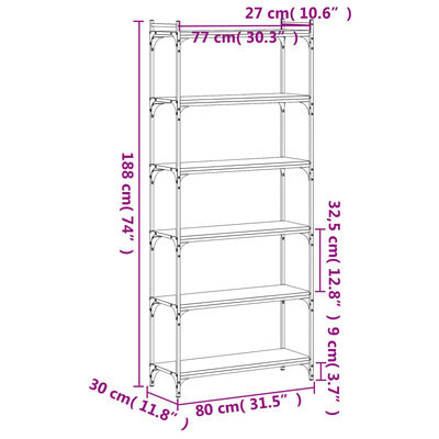 vidaXL Bookcase 6-Tier Brown Oak 31.5"x11.8"x74" Engineered Wood