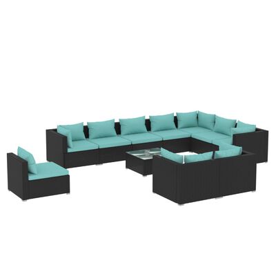 vidaXL 11 Piece Patio Lounge Set with Cushions Poly Rattan Black