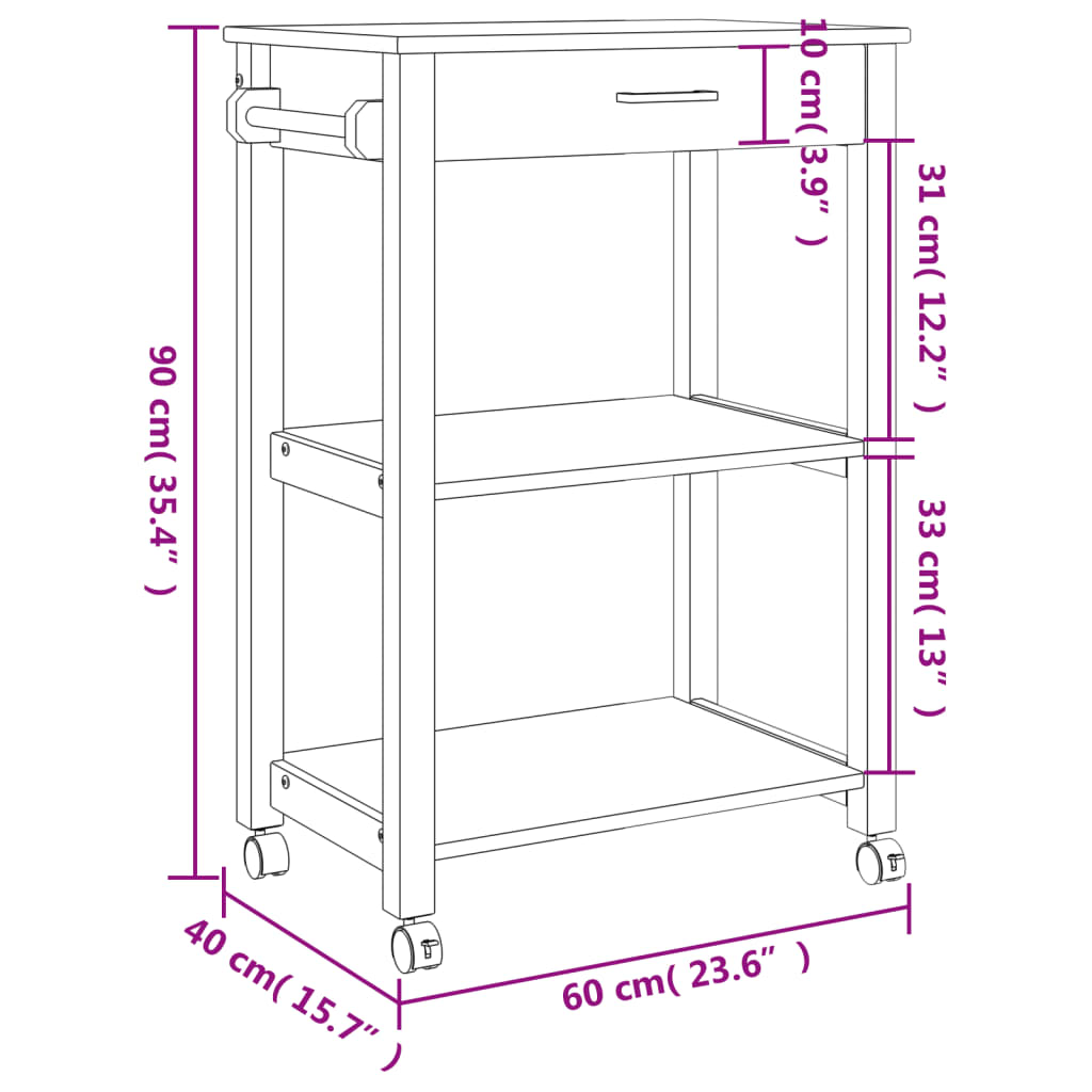 vidaXL Kitchen Trolley MONZA 23.6"x15.7"x35.4" Solid Wood Pine