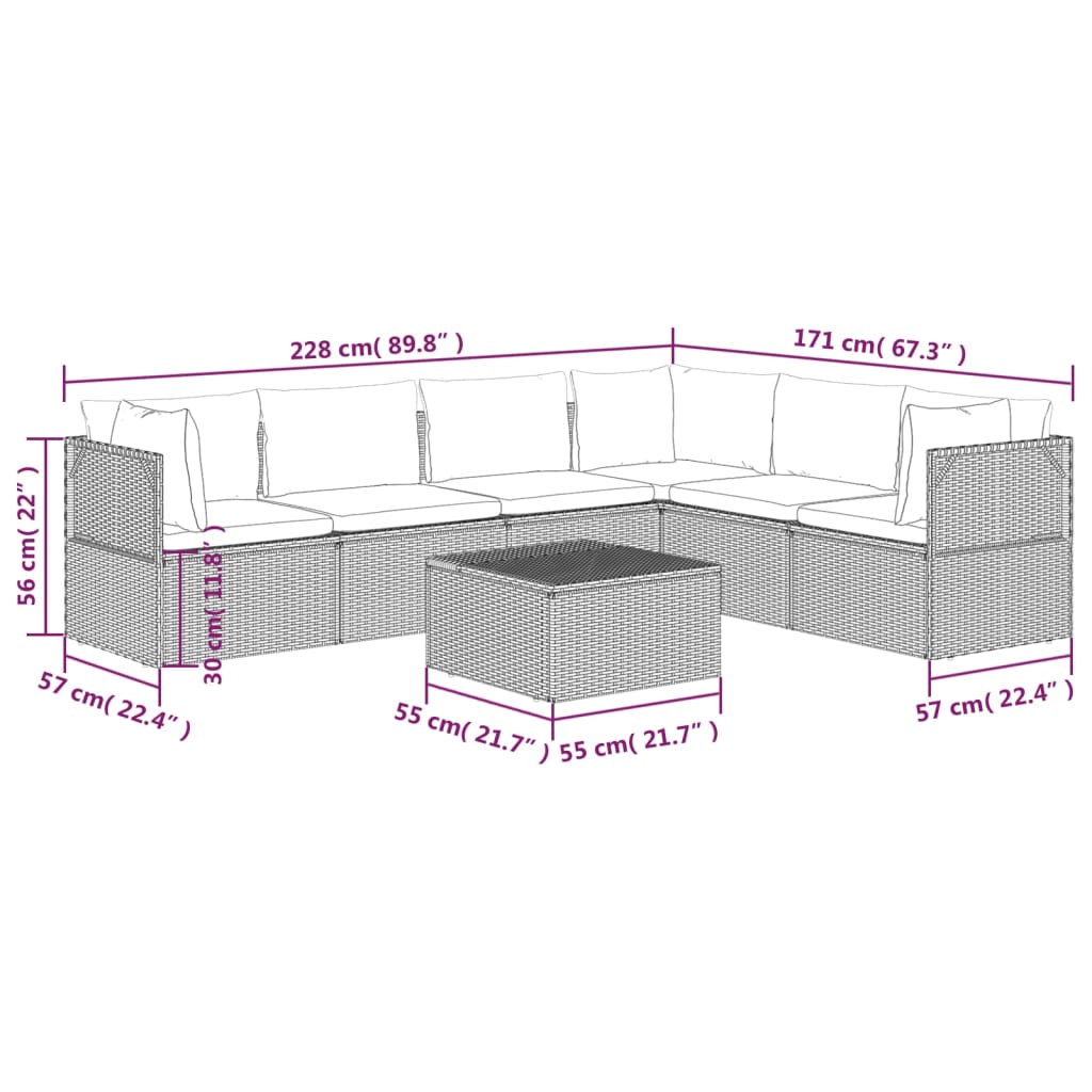 vidaXL 7 Piece Patio Lounge Set with Cushions Gray Poly Rattan