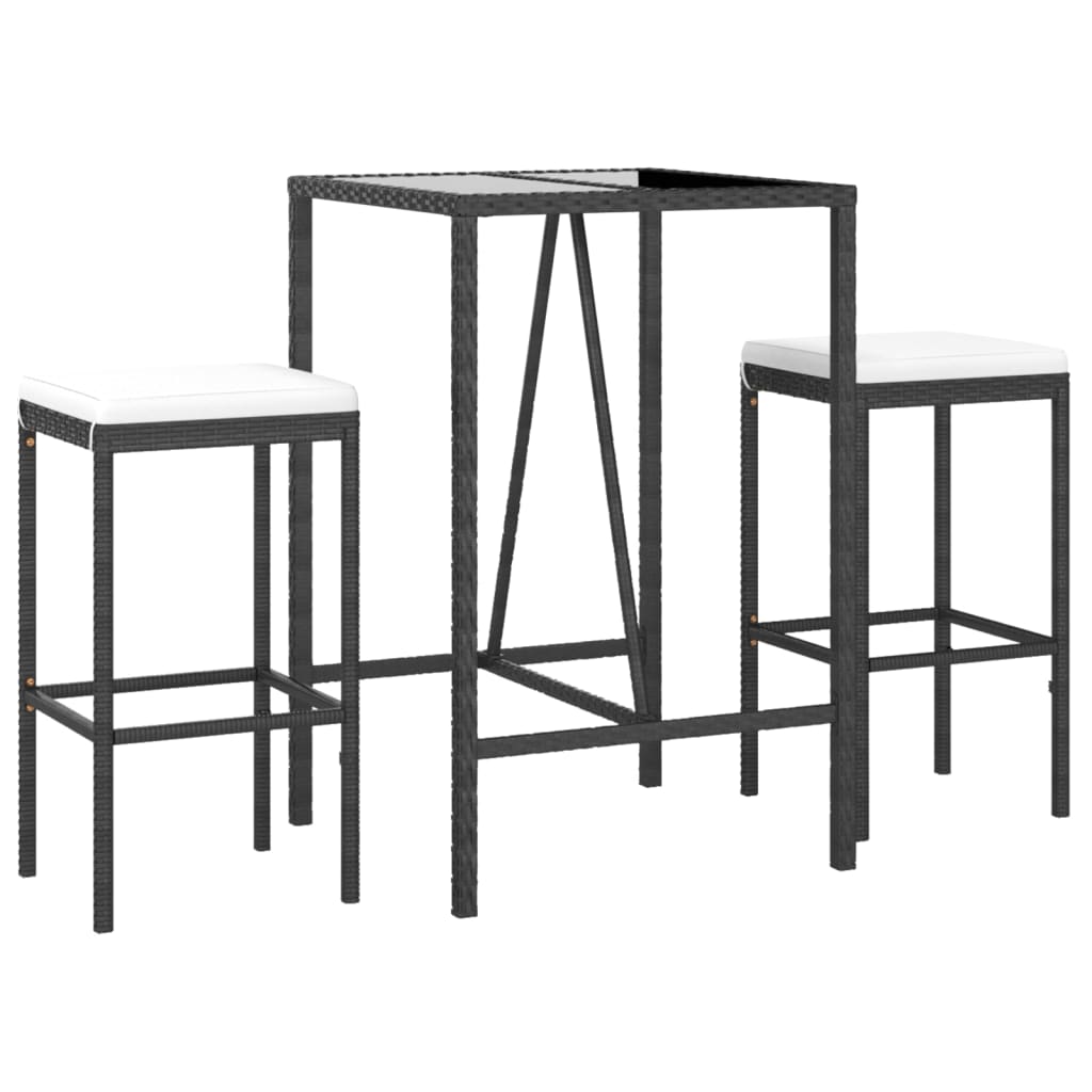 vidaXL 3 Piece Patio Bar Set with Cushions Black Poly Rattan