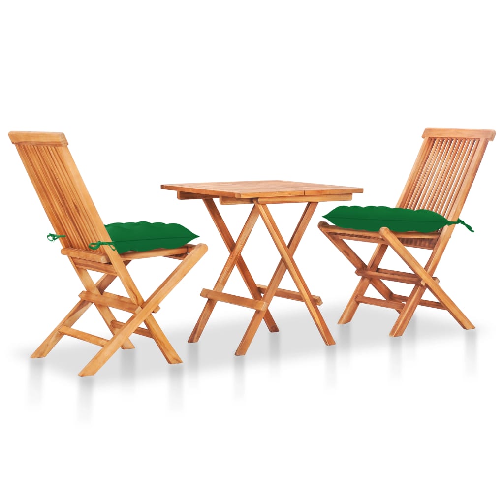 vidaXL 3 Piece Bistro Set with Green Cushions Solid Teak Wood