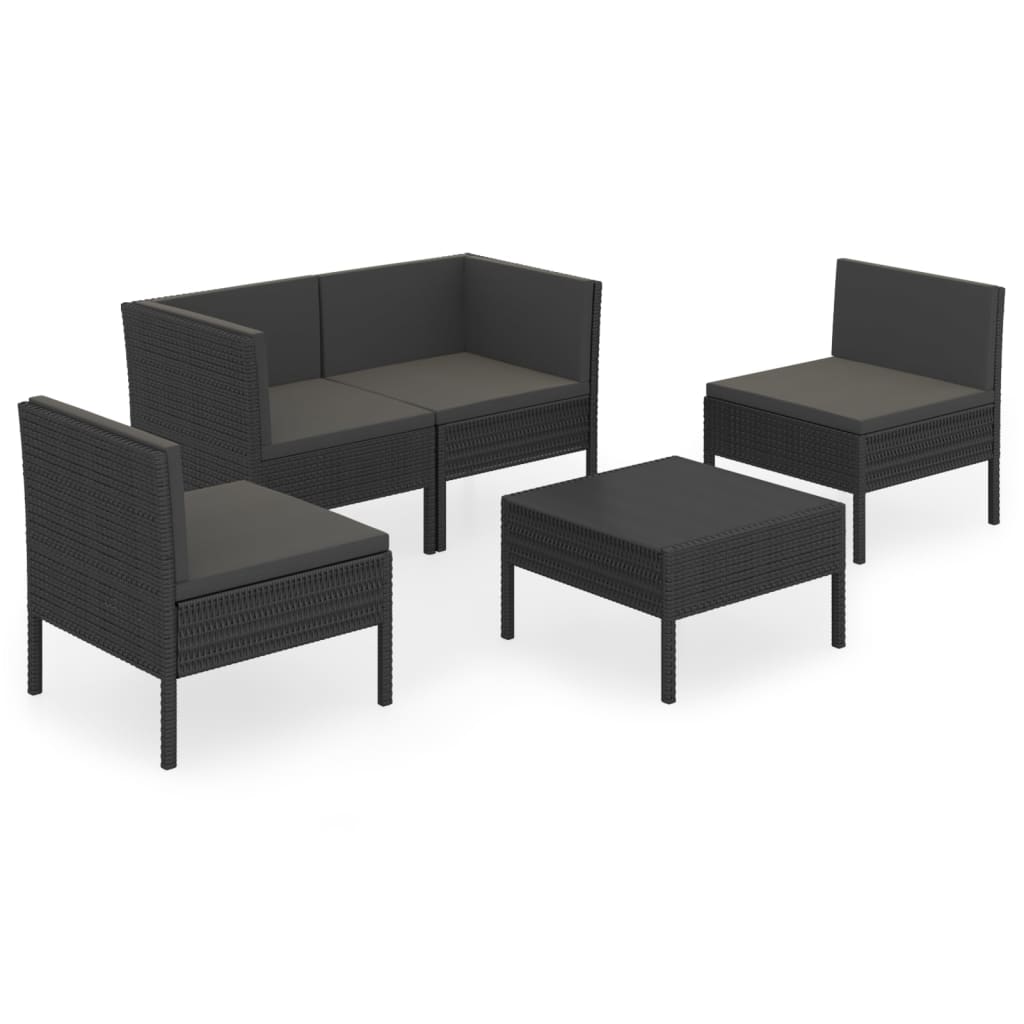 vidaXL 5 Piece Patio Lounge Set with Cushions Poly Rattan Black